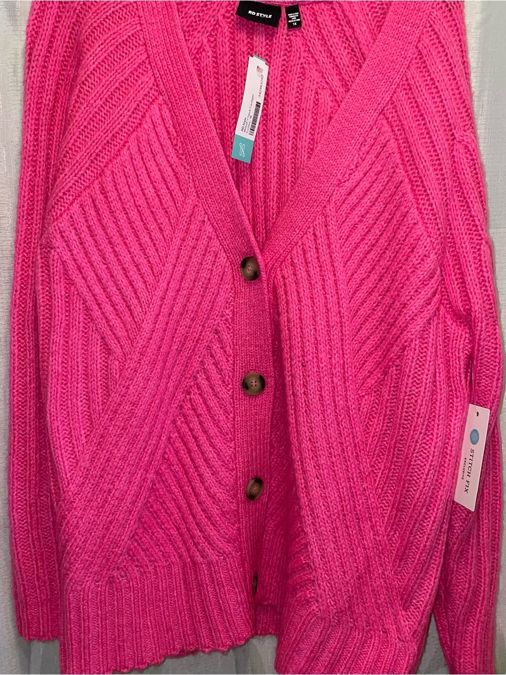 NWT RD Style Hot Pink Fuchsia Chunky Knit Button Cardigan 1X